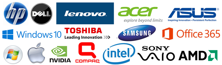 HP, Dell, Lenovo, Acer, Asus, Windows, Toshiba, Samsung, Office 365, Apple, Mac, Nvidia, Compaq, Intel, Sony, AMD
